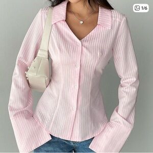 Pink Casual Women's Striped Print Front Button Long Sleeve Shirt